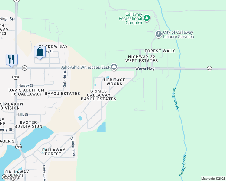 map of restaurants, bars, coffee shops, grocery stores, and more near 8100 Heritage Woods Drive in Callaway