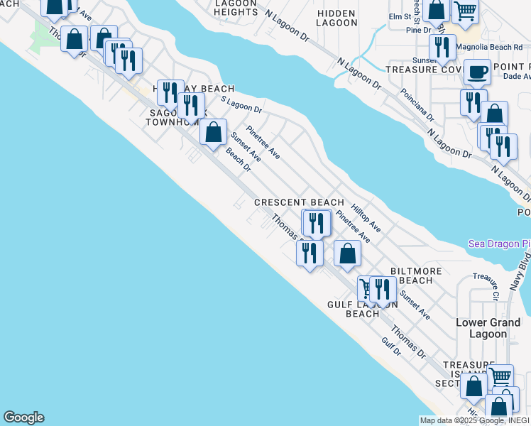 map of restaurants, bars, coffee shops, grocery stores, and more near in Lower Grand Lagoon