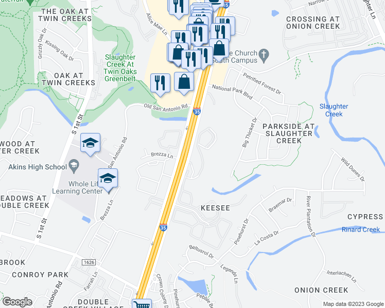 map of restaurants, bars, coffee shops, grocery stores, and more near 10500 South Interstate 35 Frontage Road in Austin