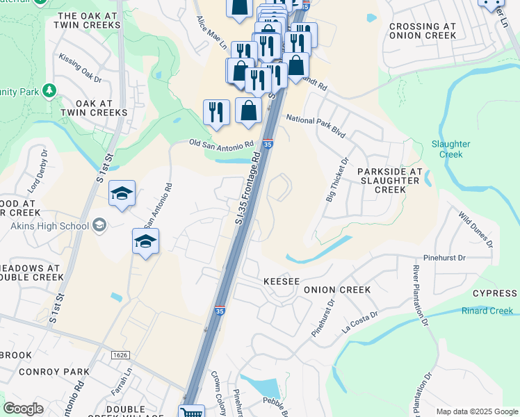 map of restaurants, bars, coffee shops, grocery stores, and more near 10500 South Interstate 35 Frontage Road in Austin