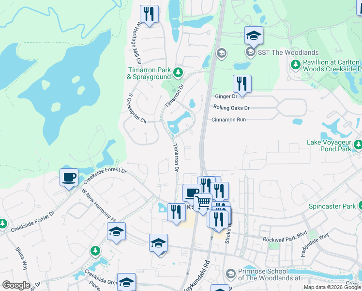 map of restaurants, bars, coffee shops, grocery stores, and more near 47 Handbridge Place in Tomball