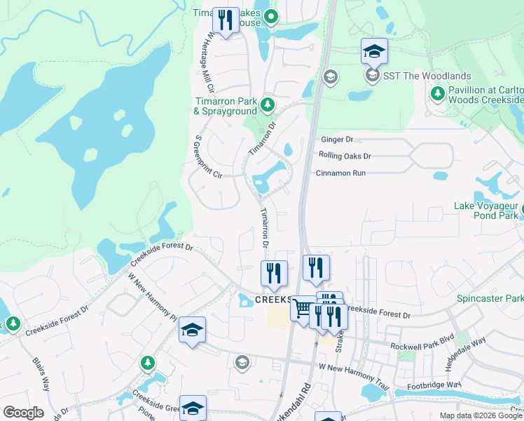 map of restaurants, bars, coffee shops, grocery stores, and more near 47 Handbridge Place in Tomball