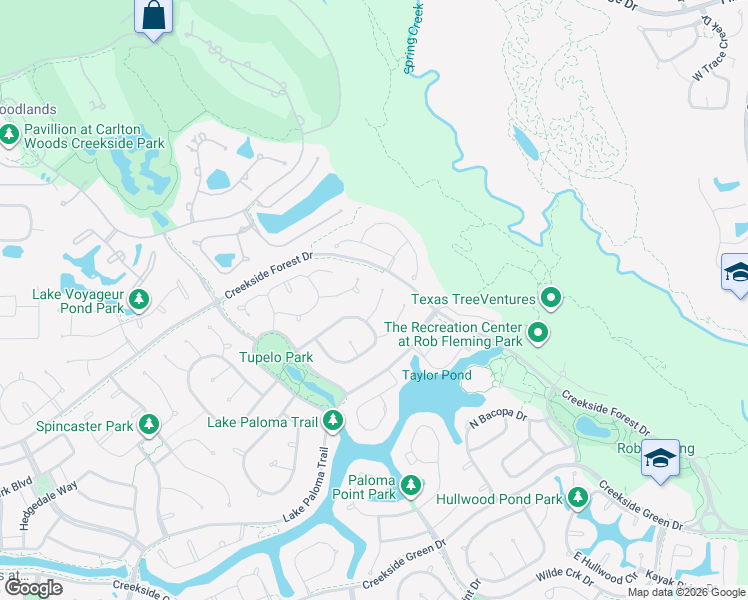 map of restaurants, bars, coffee shops, grocery stores, and more near 11 Ricegrass Place in The Woodlands