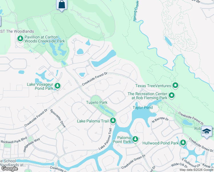 map of restaurants, bars, coffee shops, grocery stores, and more near 39 South Pinto Point Circle in The Woodlands