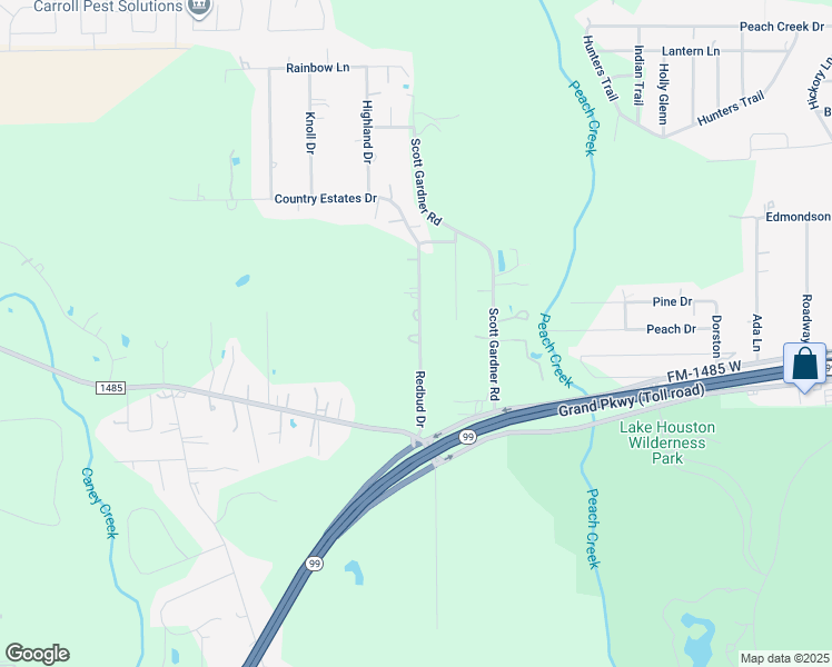 map of restaurants, bars, coffee shops, grocery stores, and more near 20351 Redbud Drive in New Caney