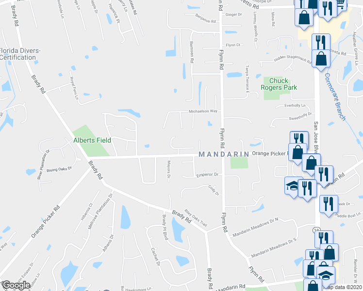 map of restaurants, bars, coffee shops, grocery stores, and more near 2535 Tuscan Oaks Lane in Jacksonville