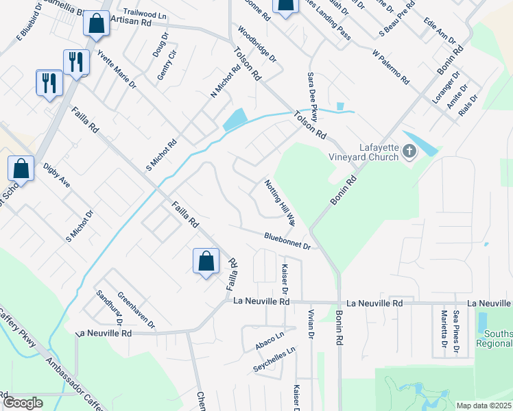 map of restaurants, bars, coffee shops, grocery stores, and more near 125 Gatesmere Court in Lafayette