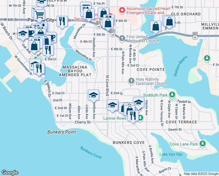 map of restaurants, bars, coffee shops, grocery stores, and more near 226 North Cove Boulevard in Panama City