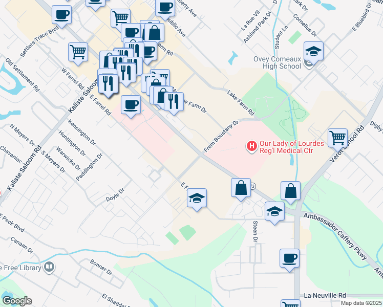 map of restaurants, bars, coffee shops, grocery stores, and more near 201 Frem Boustany Drive in Lafayette