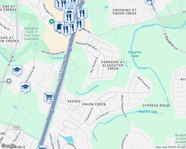 map of restaurants, bars, coffee shops, grocery stores, and more near 10412 Yellowstone Drive in Austin