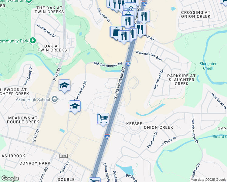 map of restaurants, bars, coffee shops, grocery stores, and more near 10412 Interstate 35 in Austin