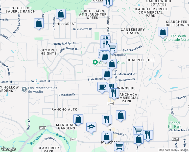 map of restaurants, bars, coffee shops, grocery stores, and more near 1507 Airedale Road in Austin