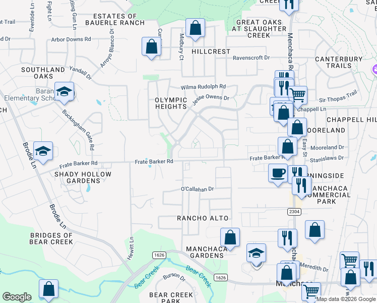 map of restaurants, bars, coffee shops, grocery stores, and more near 11904 Johnny Weismuller Lane in Austin