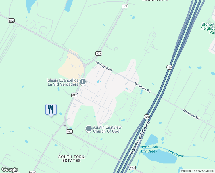 map of restaurants, bars, coffee shops, grocery stores, and more near 10701 McAngus Road in Travis County