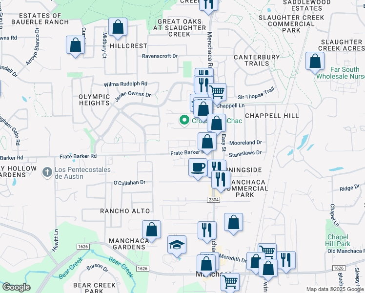 map of restaurants, bars, coffee shops, grocery stores, and more near 1507 Airedale Road in Austin