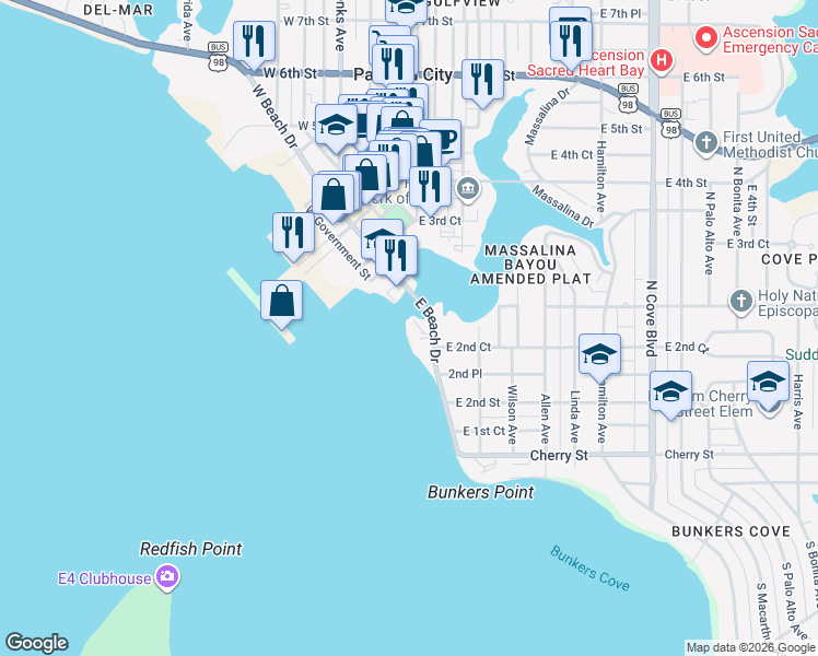 map of restaurants, bars, coffee shops, grocery stores, and more near 324 East Beach Drive in Panama City