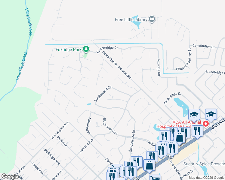 map of restaurants, bars, coffee shops, grocery stores, and more near 2624 Sandlewood Circle in Orange Park