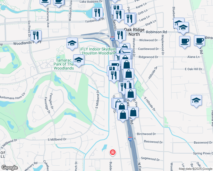 map of restaurants, bars, coffee shops, grocery stores, and more near 67 Woodhaven Wood Drive in Spring