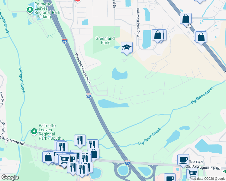 map of restaurants, bars, coffee shops, grocery stores, and more near 12232 Heronsford Lane in Jacksonville