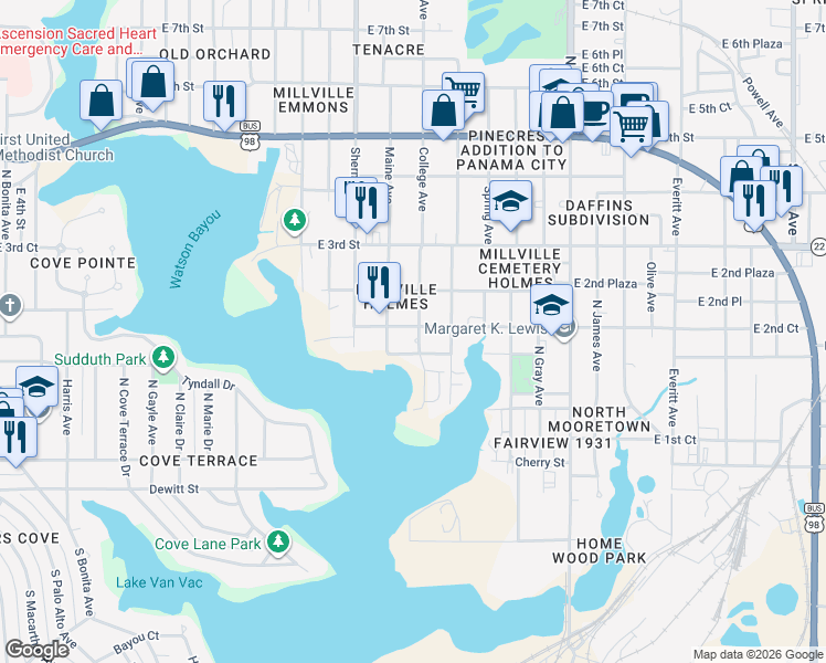 map of restaurants, bars, coffee shops, grocery stores, and more near 119 College Avenue in Panama City