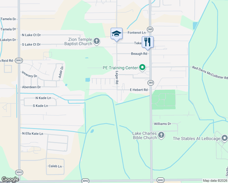 map of restaurants, bars, coffee shops, grocery stores, and more near 109 Hebert Trailer Park Rd in Lake Charles
