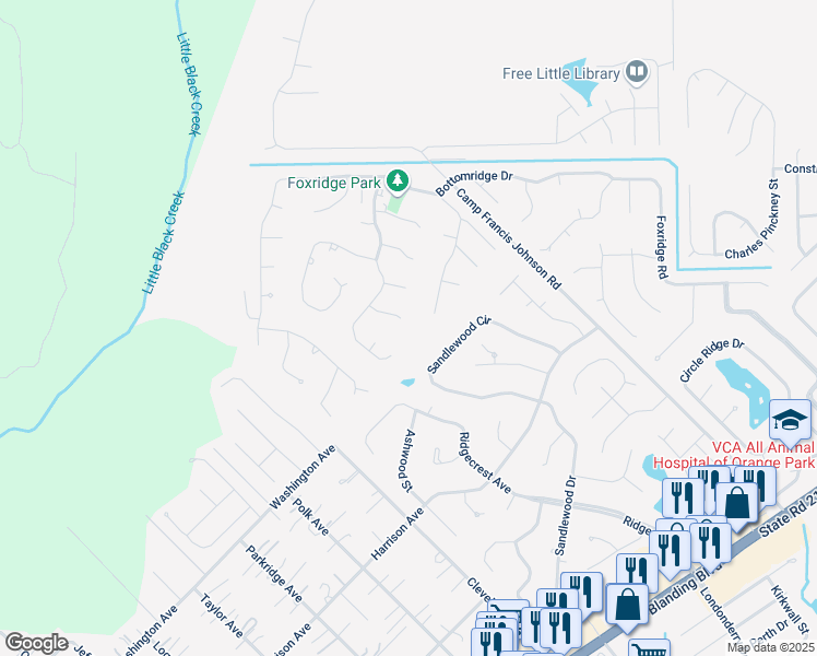 map of restaurants, bars, coffee shops, grocery stores, and more near 2585 Bayou Ridge Court in Orange Park