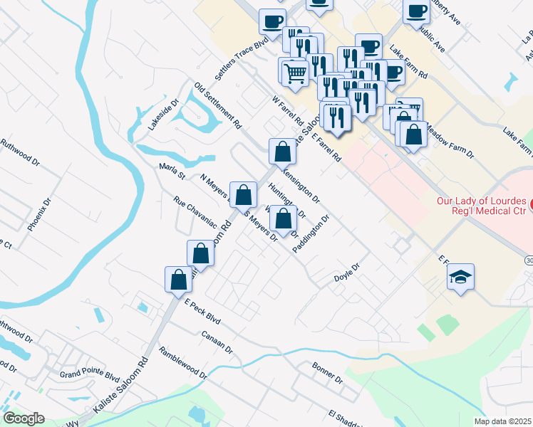 map of restaurants, bars, coffee shops, grocery stores, and more near 102 Warwicke Drive in Lafayette