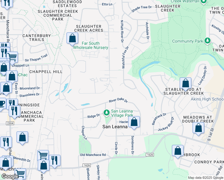 map of restaurants, bars, coffee shops, grocery stores, and more near 11211 Slaughter Creek Drive in Austin