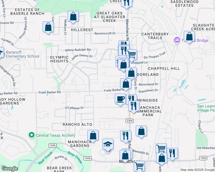 map of restaurants, bars, coffee shops, grocery stores, and more near 1509 Airedale Road in Austin
