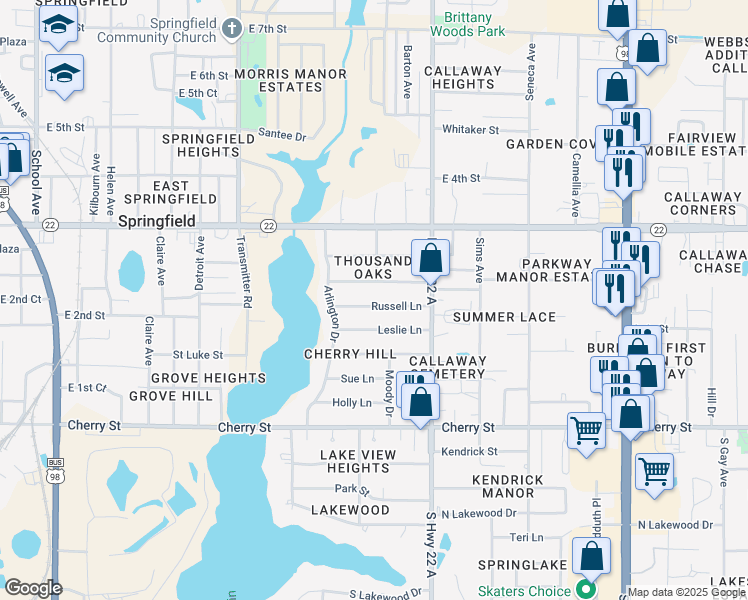 map of restaurants, bars, coffee shops, grocery stores, and more near 4121 Russell Lane in Panama City