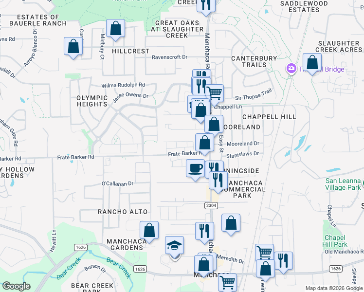 map of restaurants, bars, coffee shops, grocery stores, and more near 1507 Airedale Road in Austin
