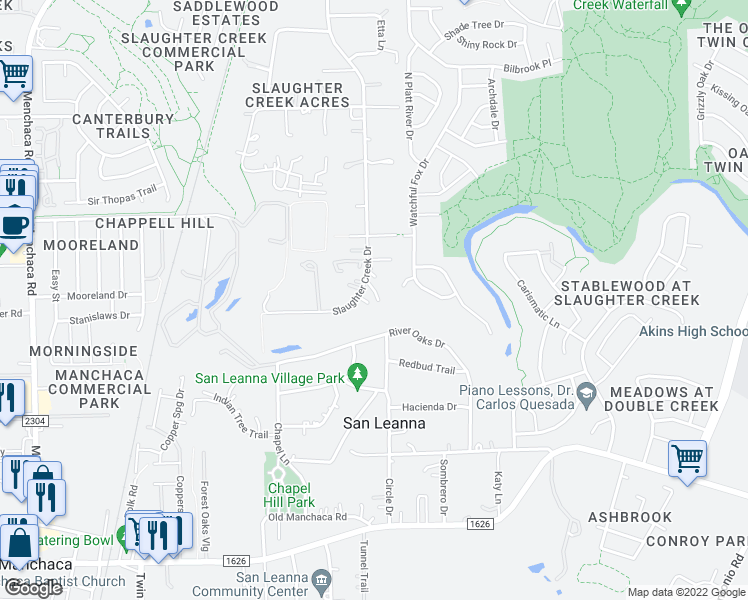 map of restaurants, bars, coffee shops, grocery stores, and more near 11211 Slaughter Creek Drive in Austin