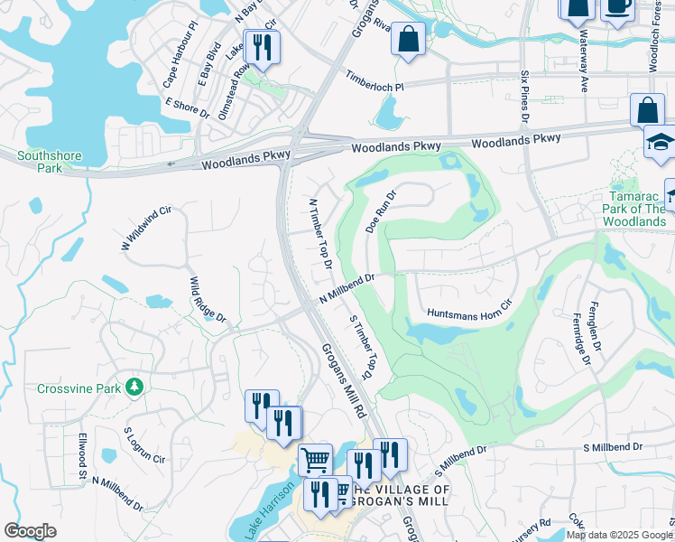 map of restaurants, bars, coffee shops, grocery stores, and more near 64 North Timber Top Drive in Spring