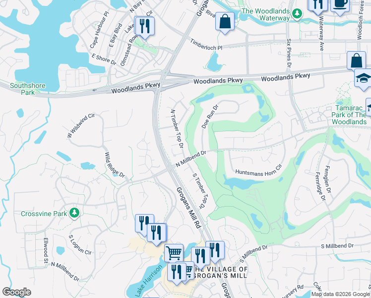 map of restaurants, bars, coffee shops, grocery stores, and more near 70 North Timber Top Drive in The Woodlands