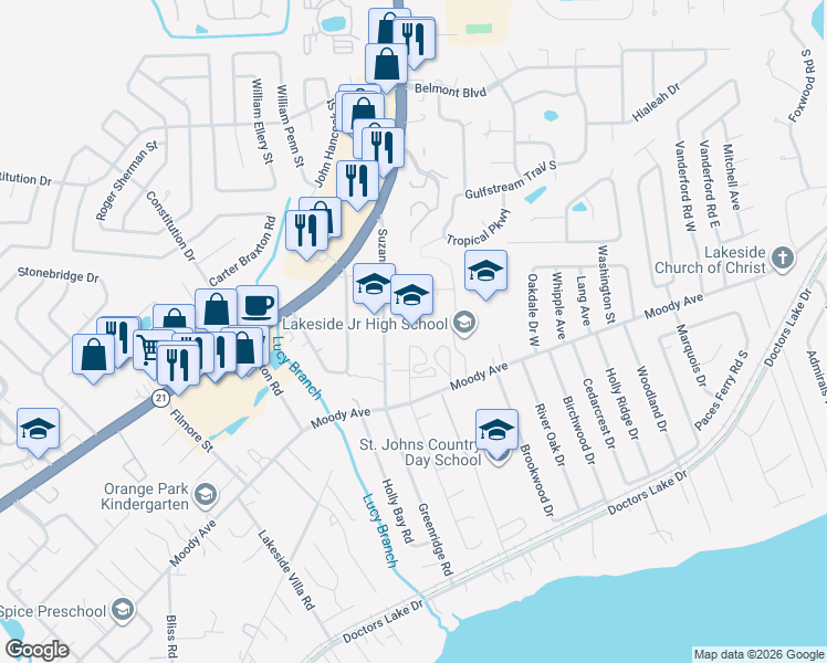 map of restaurants, bars, coffee shops, grocery stores, and more near 2752 Moody Avenue in Orange Park