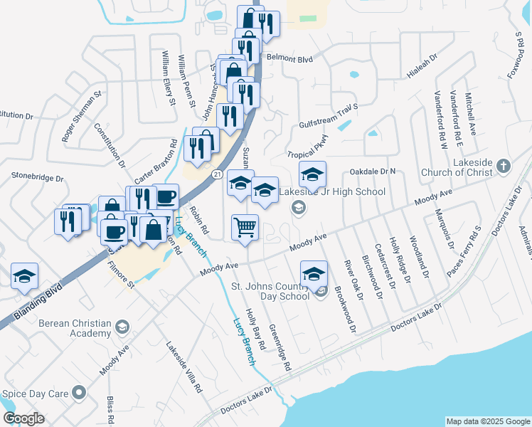 map of restaurants, bars, coffee shops, grocery stores, and more near 2752 Moody Avenue in Orange Park