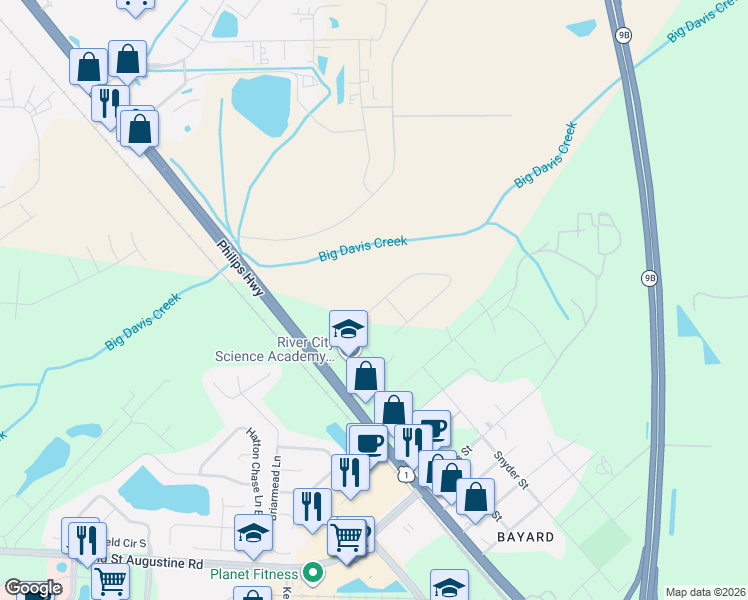 map of restaurants, bars, coffee shops, grocery stores, and more near 7561 Sunnydale Lane in Jacksonville
