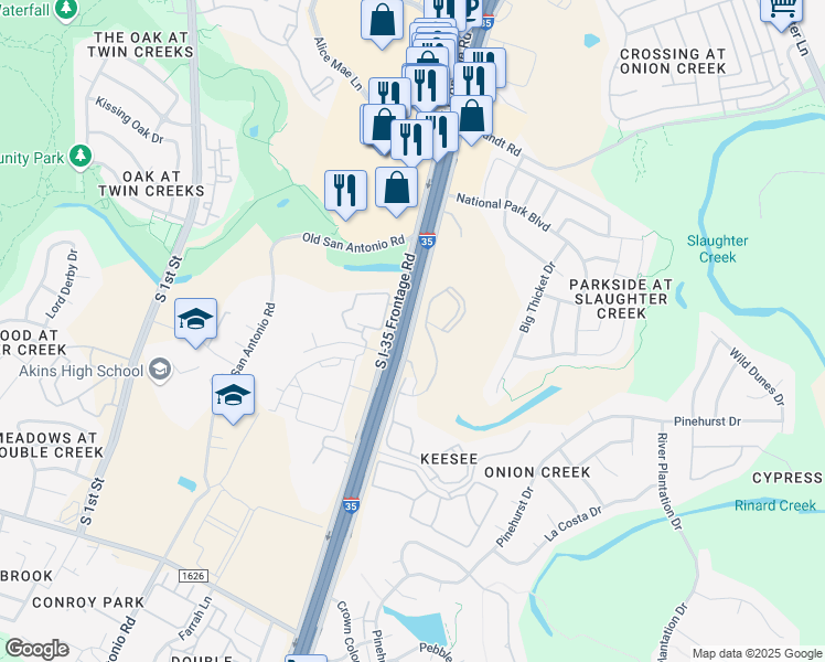 map of restaurants, bars, coffee shops, grocery stores, and more near 10721 South Interstate 35 Frontage Road in Austin