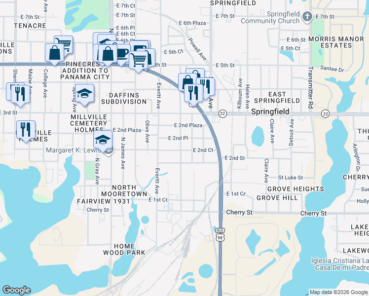 map of restaurants, bars, coffee shops, grocery stores, and more near 207 Central Avenue in Panama City