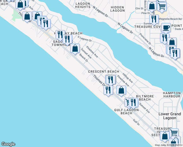 map of restaurants, bars, coffee shops, grocery stores, and more near in Lower Grand Lagoon