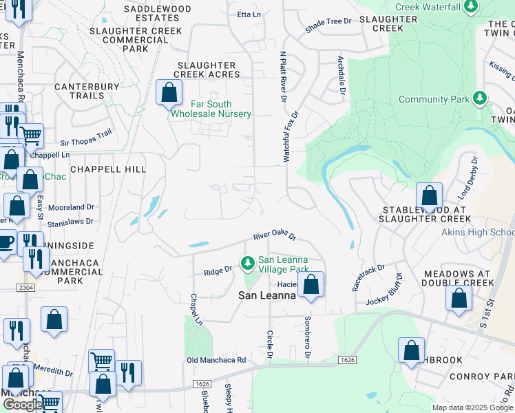 map of restaurants, bars, coffee shops, grocery stores, and more near 11211 Slaughter Creek Drive in Austin