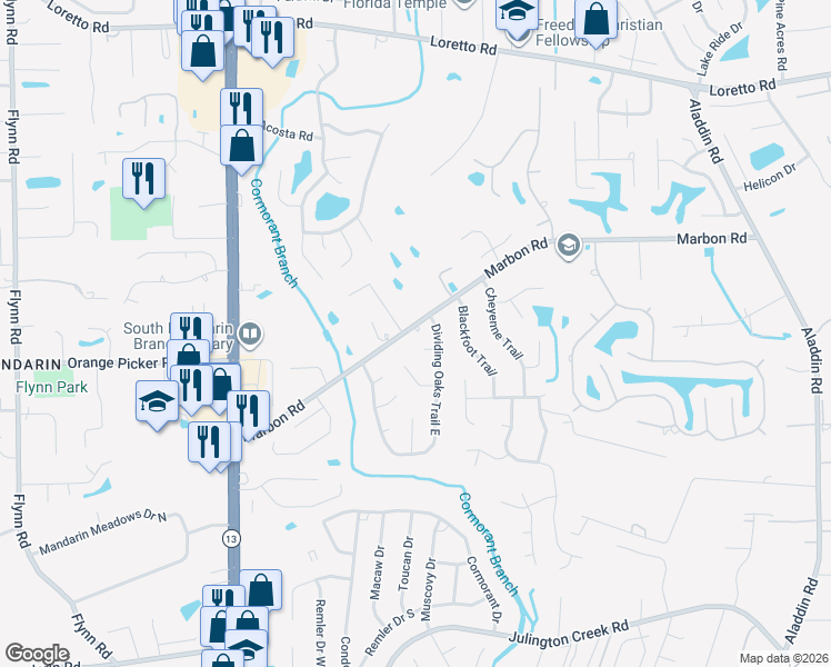 map of restaurants, bars, coffee shops, grocery stores, and more near 3346 Dividing Oaks Court in Jacksonville