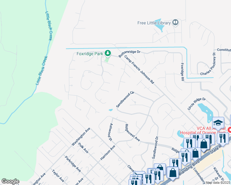 map of restaurants, bars, coffee shops, grocery stores, and more near 2585 Bayou Ridge Court in Orange Park