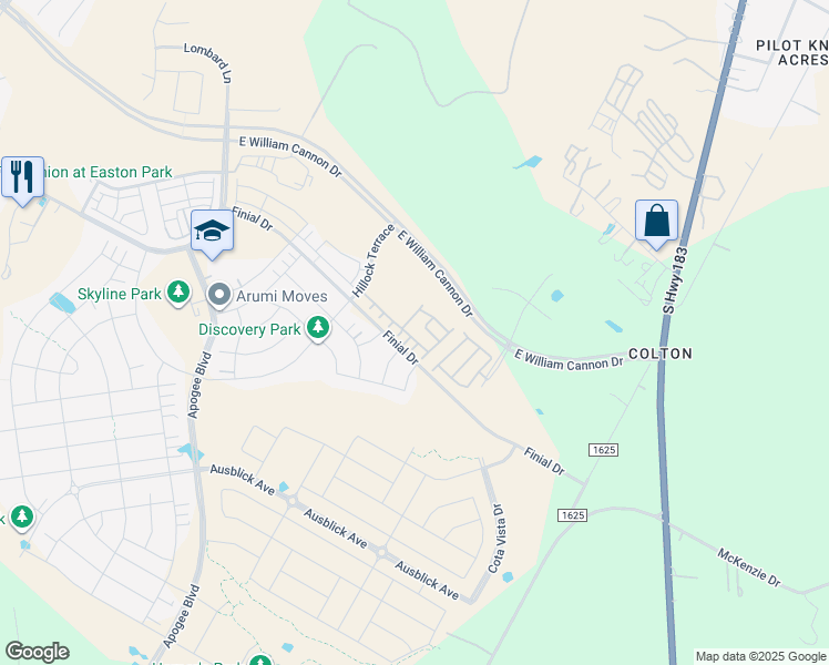 map of restaurants, bars, coffee shops, grocery stores, and more near 8700 Finial Drive in Austin