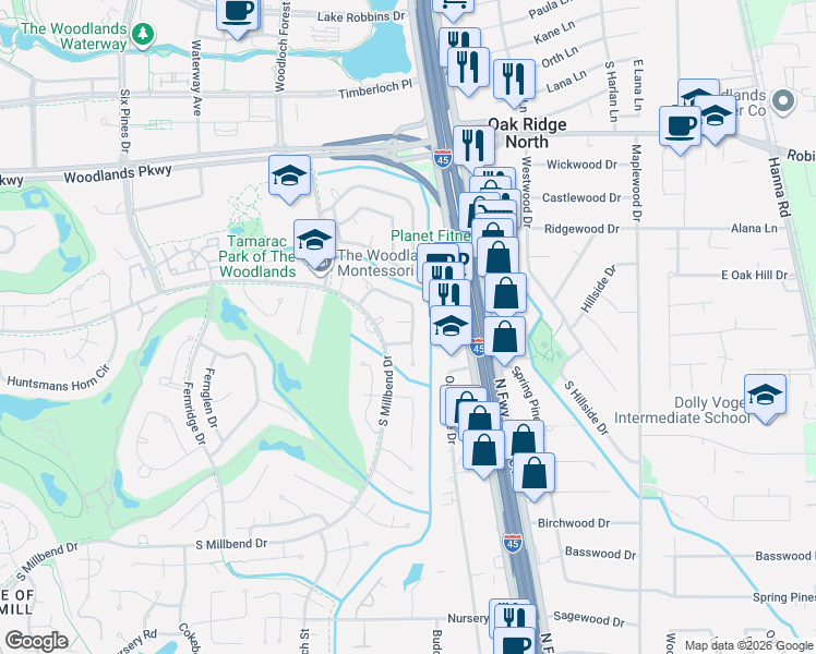 map of restaurants, bars, coffee shops, grocery stores, and more near 67 Woodhaven Wood Drive in Spring