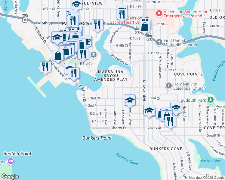 map of restaurants, bars, coffee shops, grocery stores, and more near 239 Allen Avenue in Panama City
