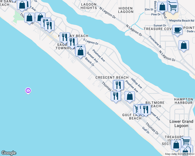 map of restaurants, bars, coffee shops, grocery stores, and more near in Lower Grand Lagoon