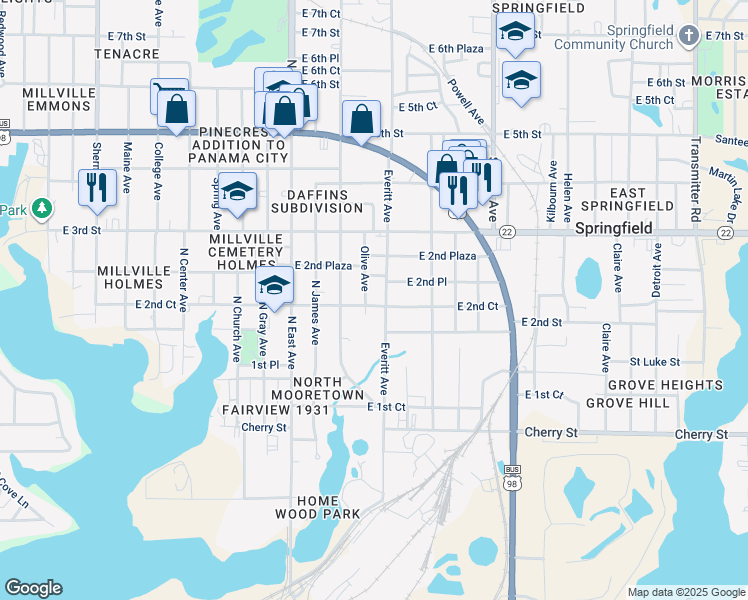 map of restaurants, bars, coffee shops, grocery stores, and more near 201-209 Everitt Avenue in Panama City