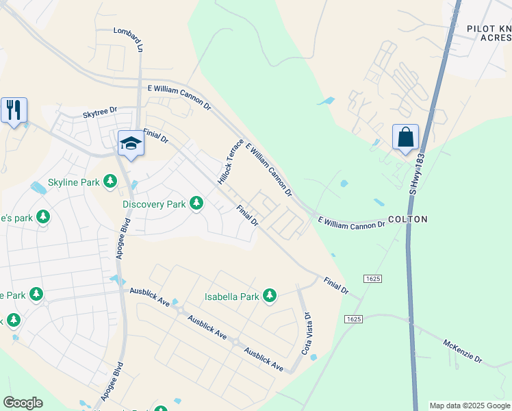 map of restaurants, bars, coffee shops, grocery stores, and more near 8479-8751 Colton-Bluff Springs Road in Austin