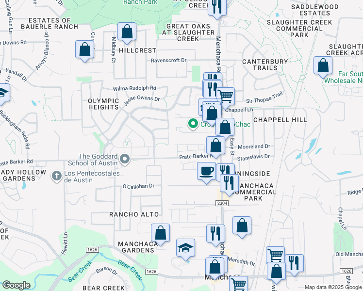 map of restaurants, bars, coffee shops, grocery stores, and more near 1507 Airedale Road in Austin